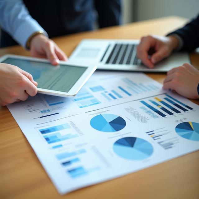 Consultants reviewing business analytics on a white table
